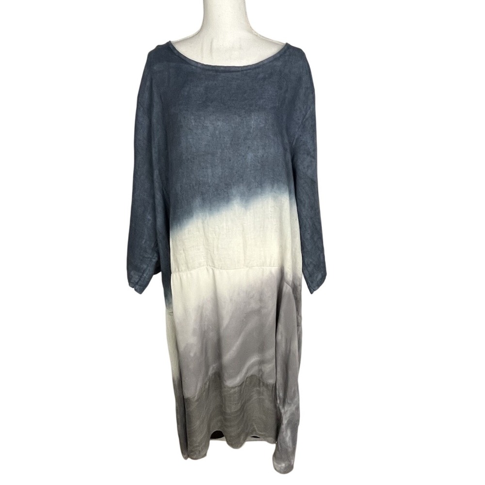 Vasna Dress Women's 1X Blue Gray Linen Silk Boho summer beach Dress‎ W/pockets